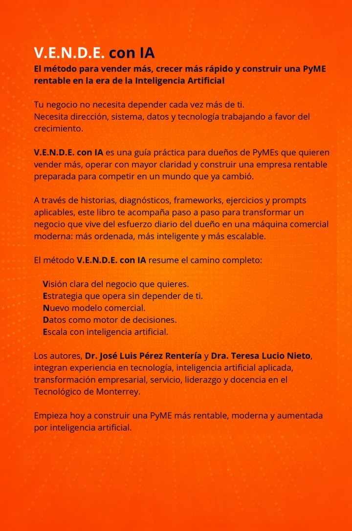 Contraportada del libro V.E.N.D.E. con IA con la sinopsis y los cinco pilares del método